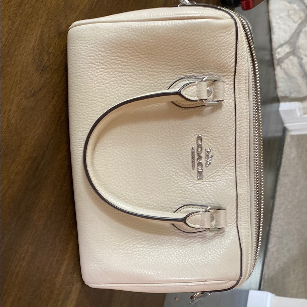 Coach Cream Satchel with Pebbled Leather and Silver Hardware